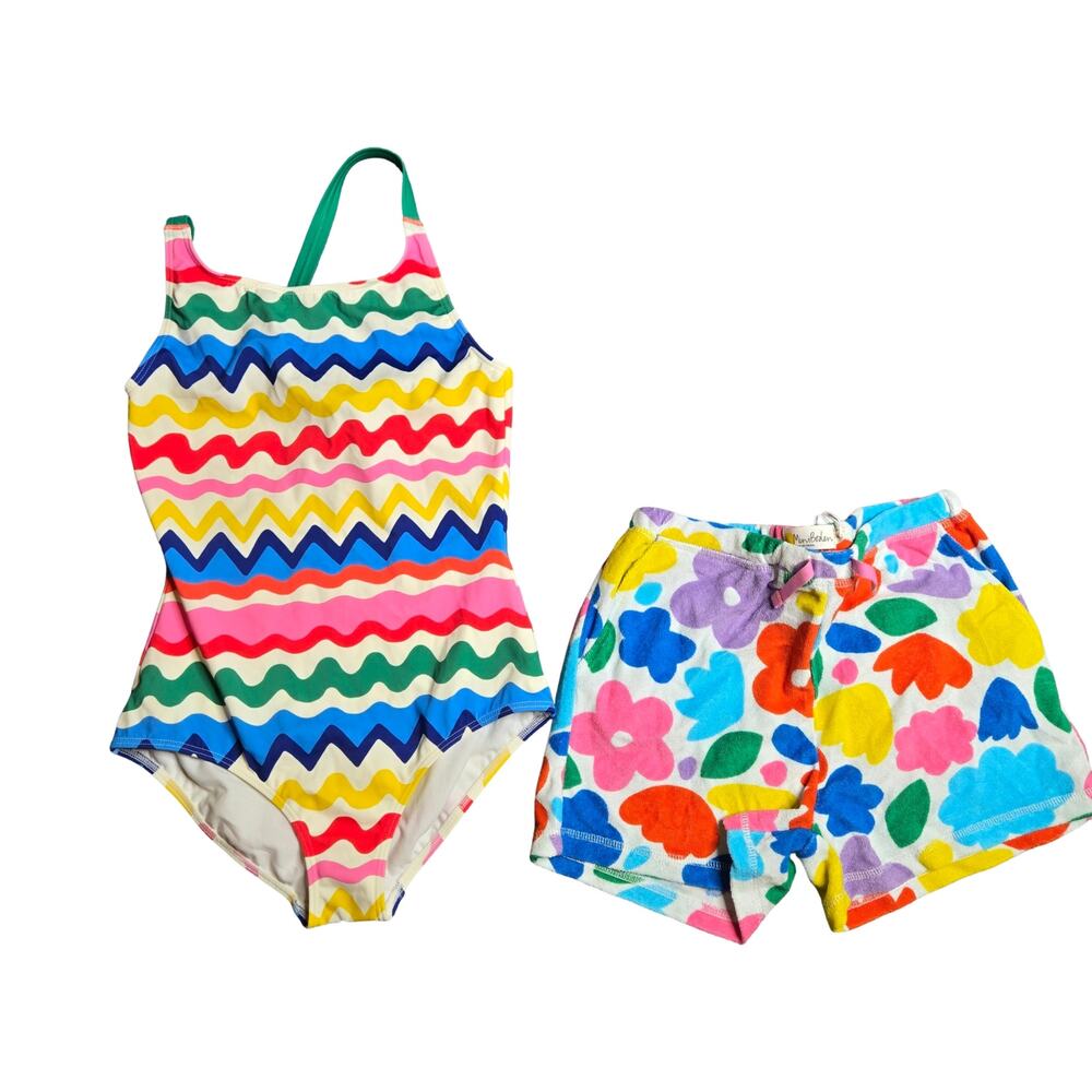 Hanna Andersson ZigZag Colorful Swimsuit W/ Floral Shorts Size: 12Y